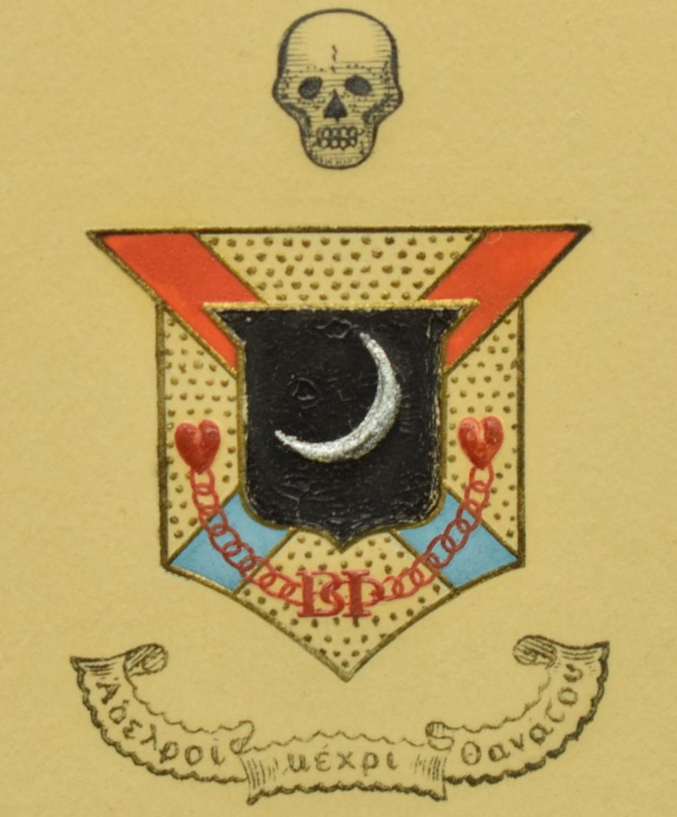 Crâne et lune peints à la main à la gouache Armorial Crest - Art de Unknown