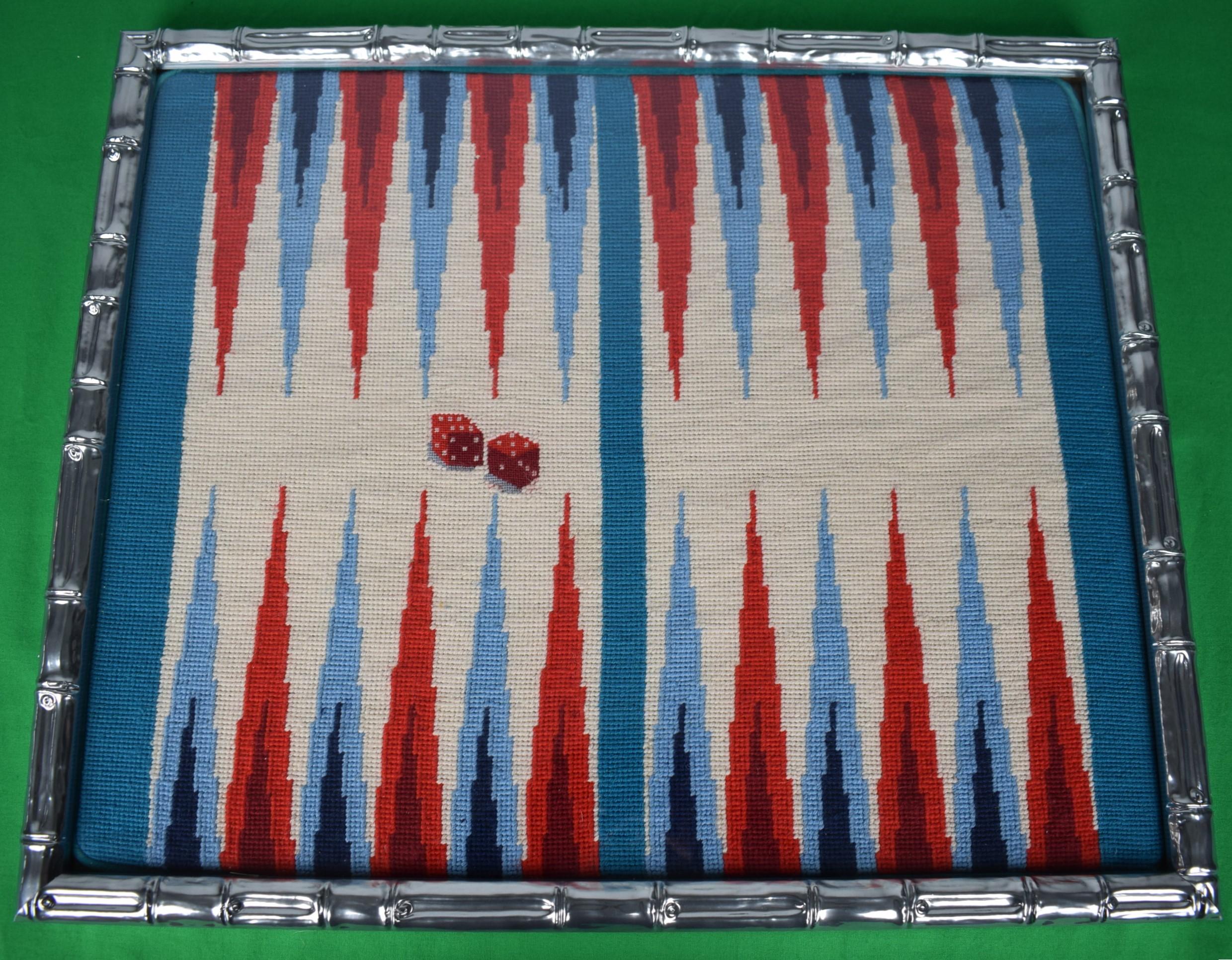 Needlepoint Backgammon Board w/ Red/ Blue Checkers For Sale 2