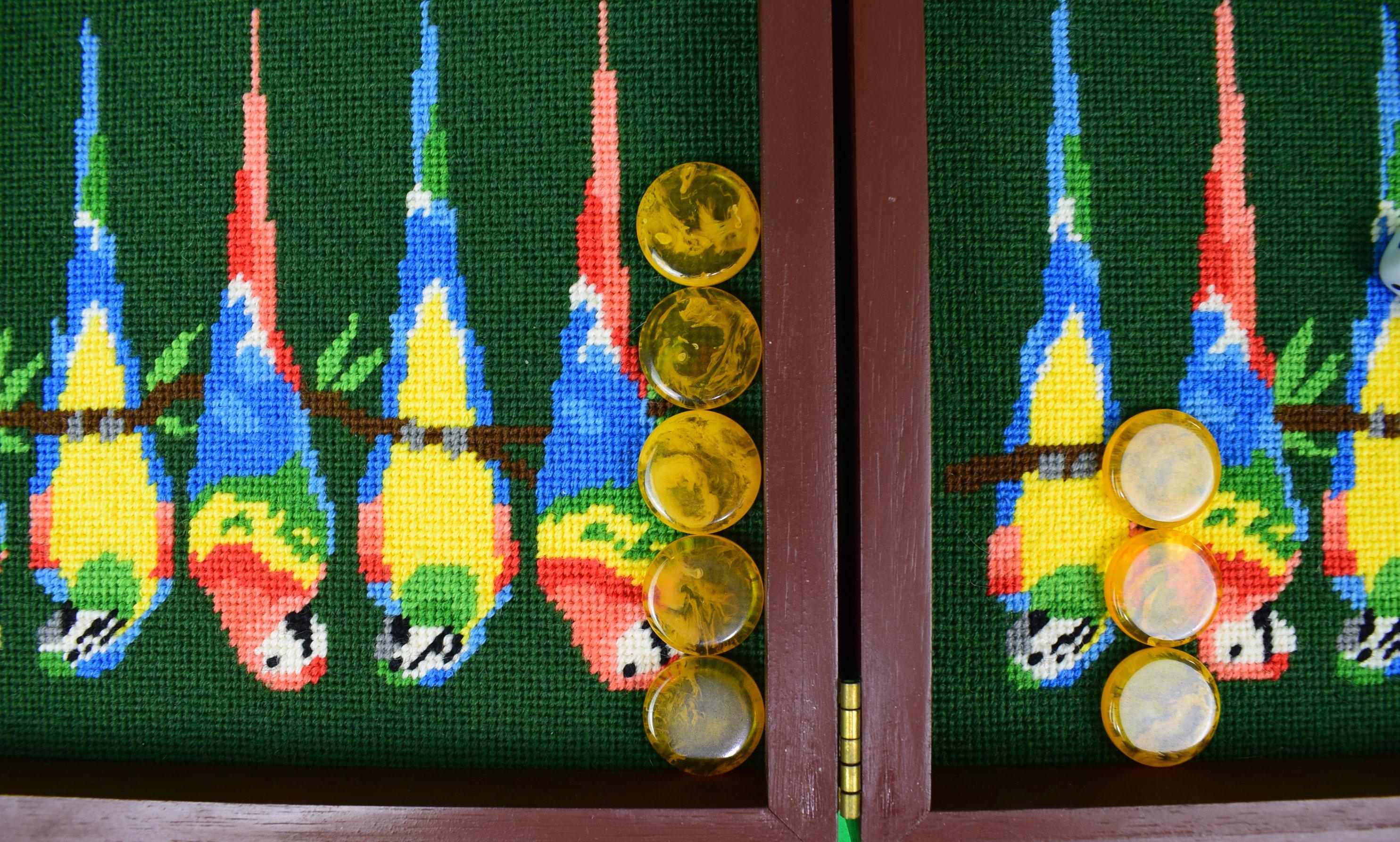 Green Needlepoint Tropical Parrots Backgammon Board For Sale 1