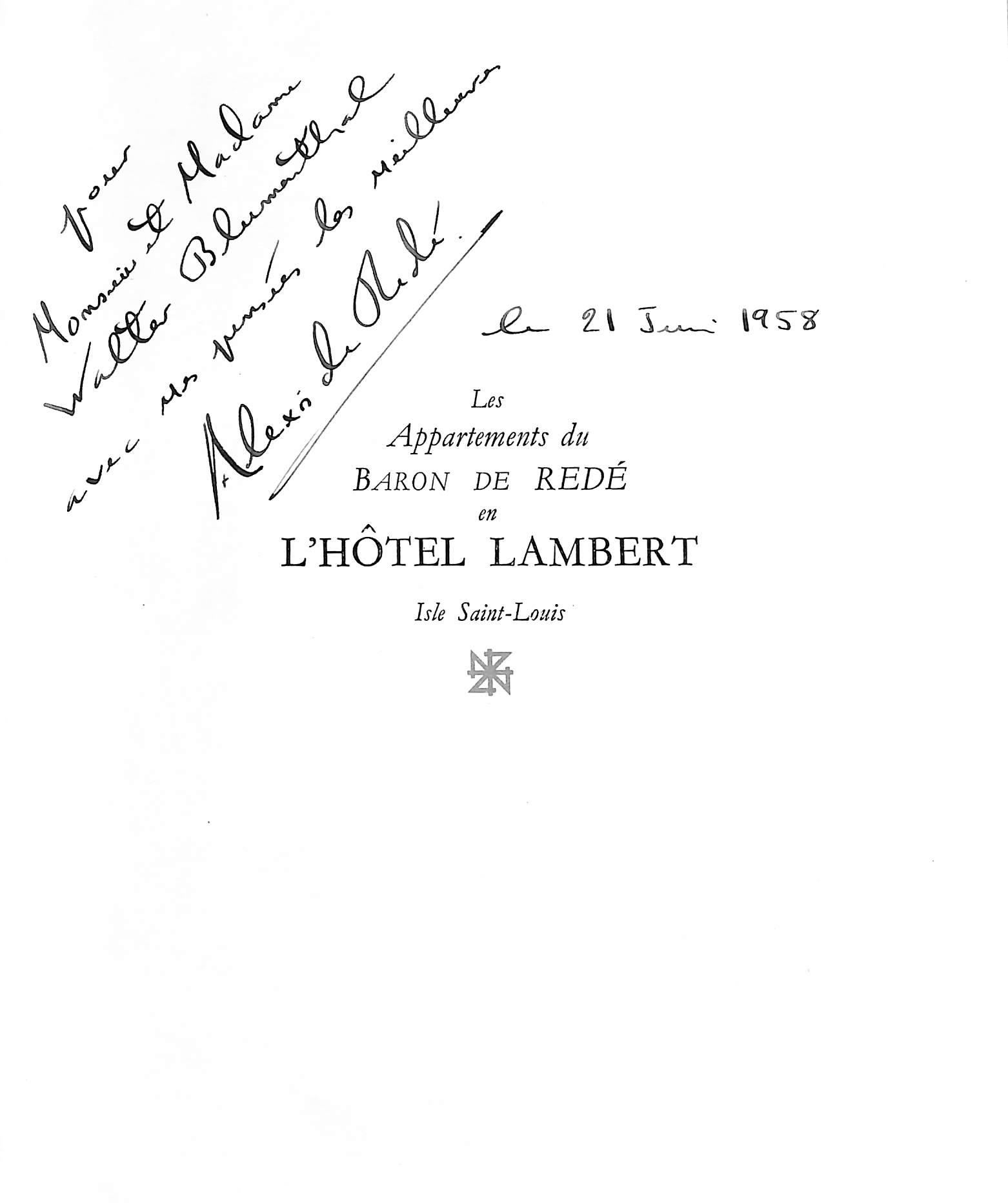 Un hommage photographique au magnifique Hôtel Particulier du Baron de Rede.
Le corps principal du livre est composé de 13 photographies prises par Jean Vincent de l'extérieur et des chambres d'appartement de l'hôtel Lambert, transformé et restauré
