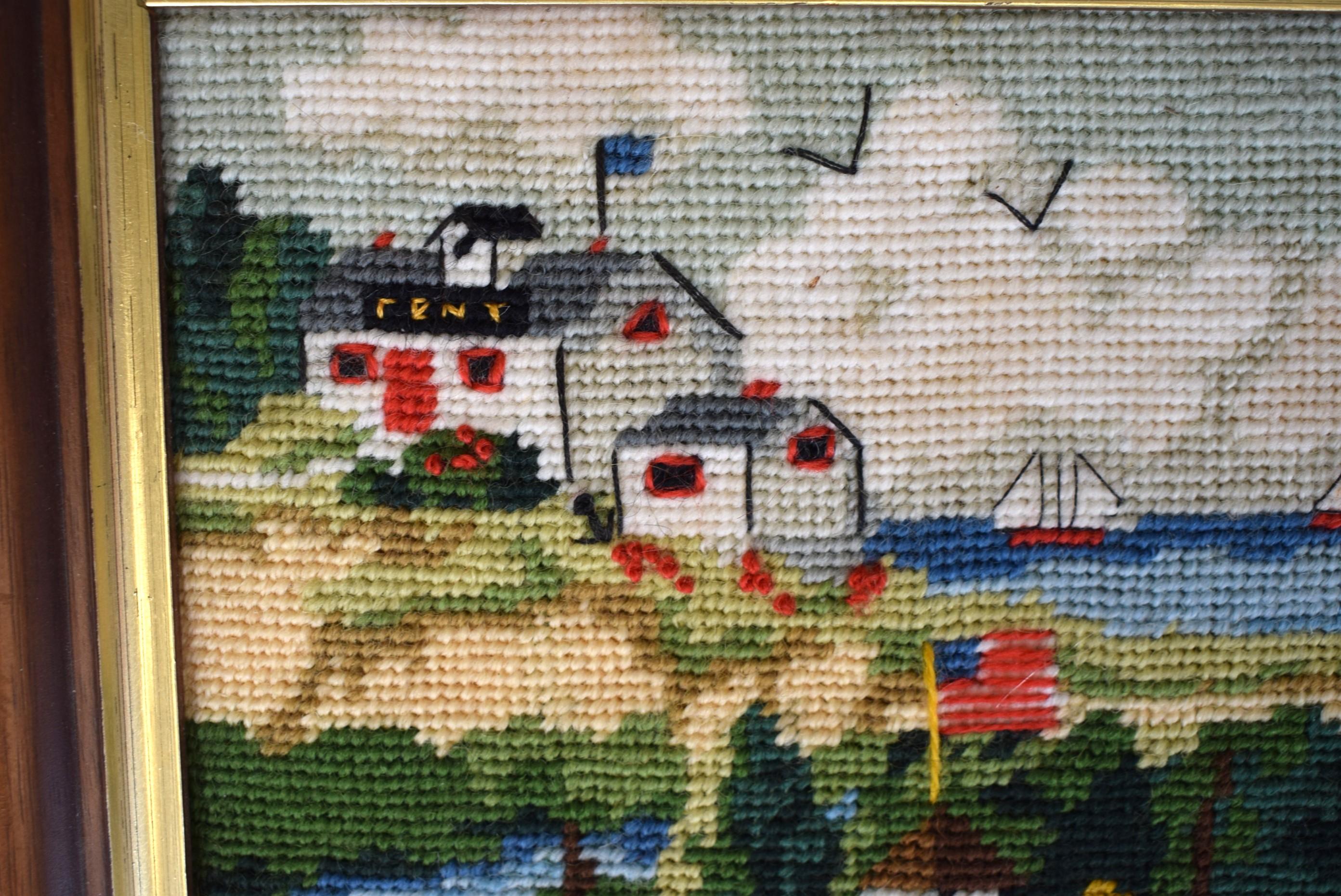 Hand-Needlepoint Nantucket Breeze Coastal Scene Finished Panel For Sale 1