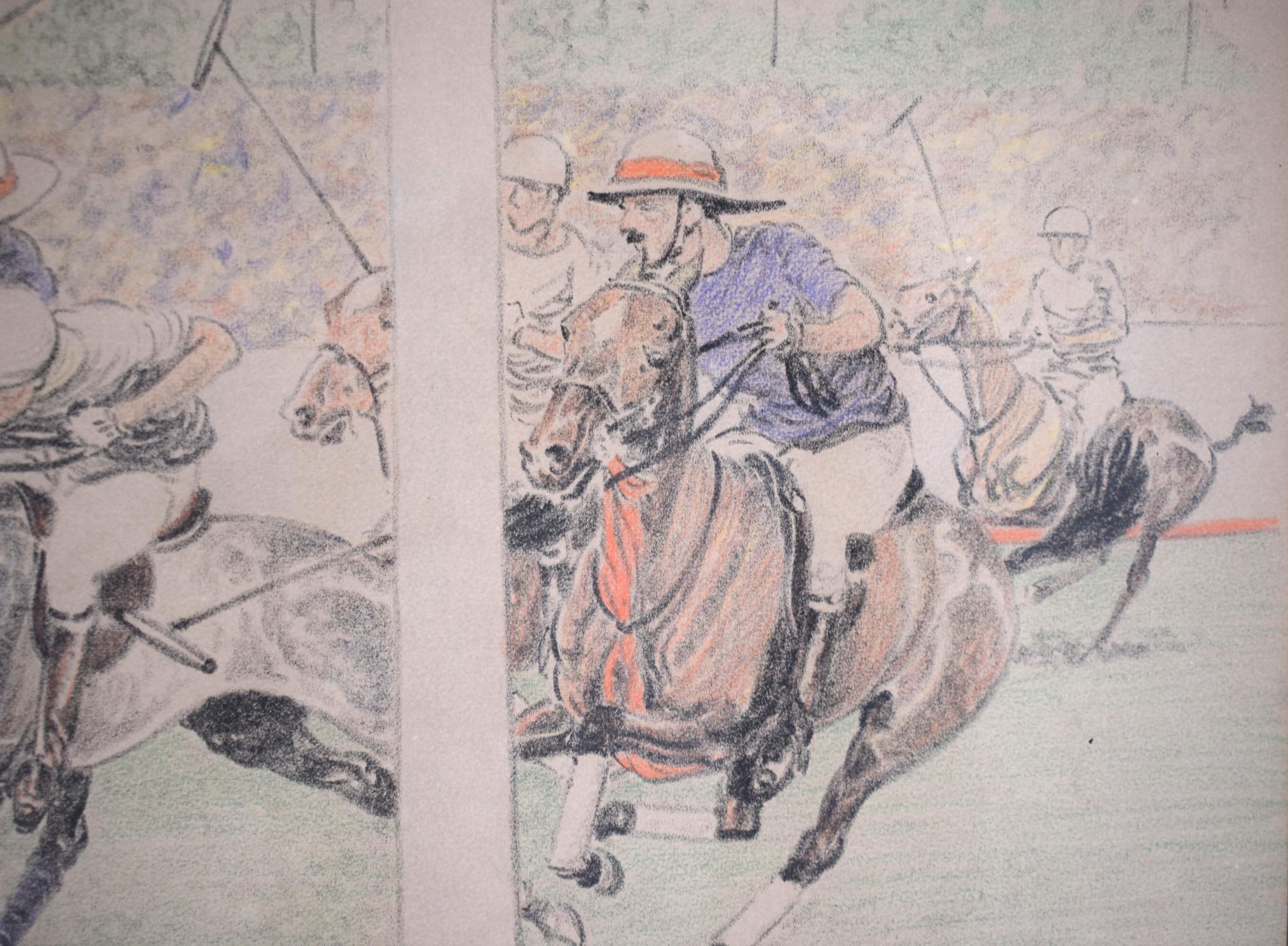 International Polo Goal! at Meadow Brook 1927 Conte Crayon Drawing by Paul Brown For Sale 2