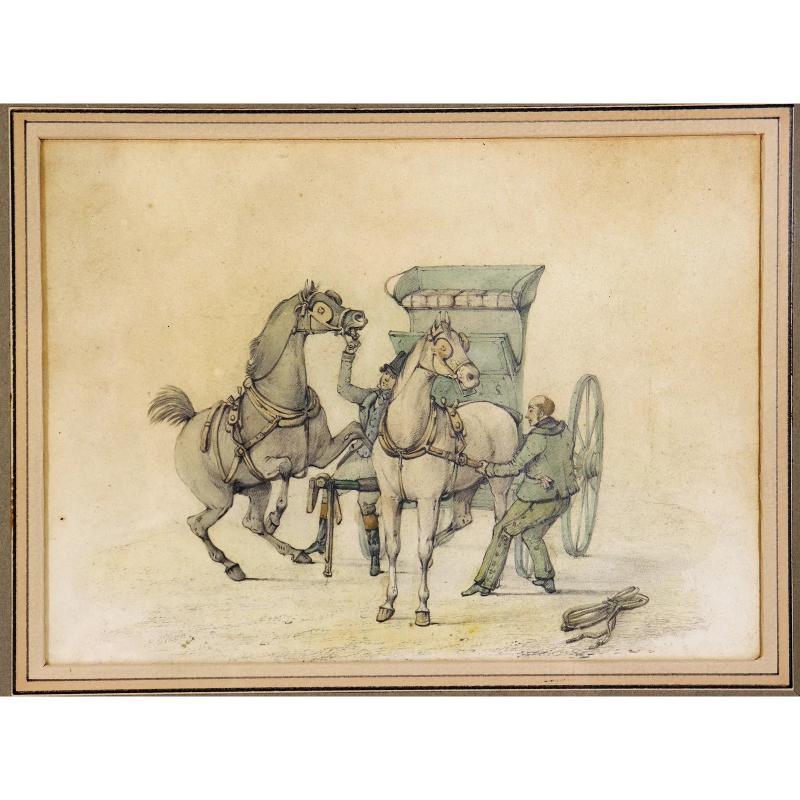 Poniendo un Par a un Freno de Esqueleto de Rompecaballos Siglo XVIII Acuarela de Henry T en venta 1