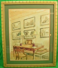 Vintage Library Salon Interior Watercolour by Allen Townsend Terrell