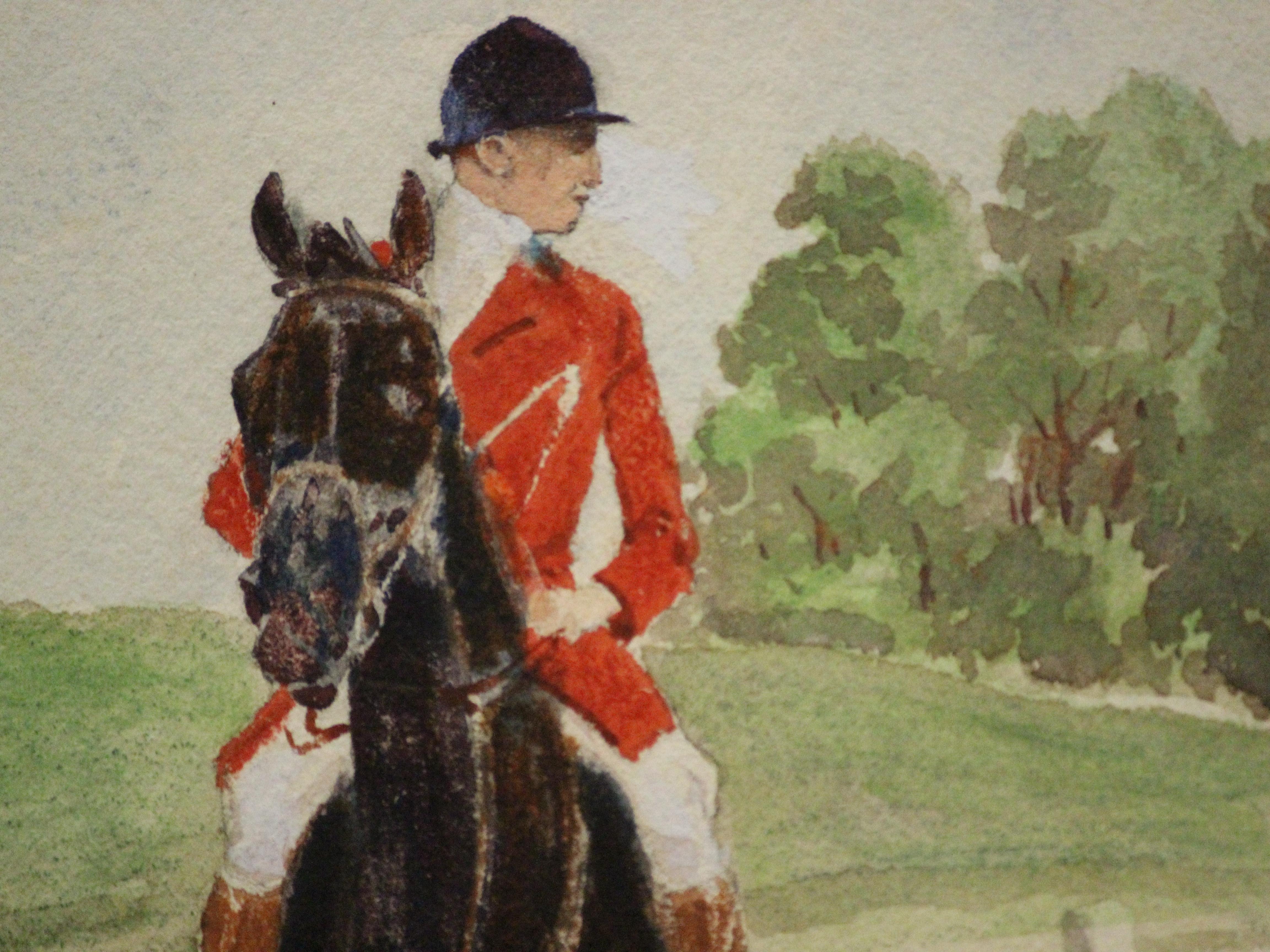 Classic fox hunting watercolour by Paul Desmond Brown titled, 'Arthur D. B. Preece, Bridlespur Huntsman on 