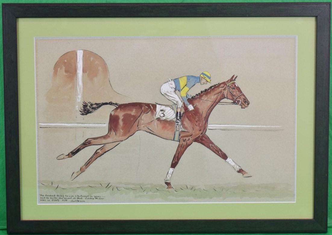 Paul Desmond Brown Animal Art – „Golden Miller gewann 1934 das Aintree Grand National“, Aquarell von Paul Brown