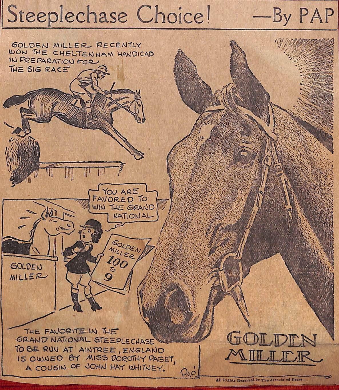„Golden Miller gewann 1934 das Aintree Grand National“, Aquarell von Paul Brown – Art von Paul Desmond Brown