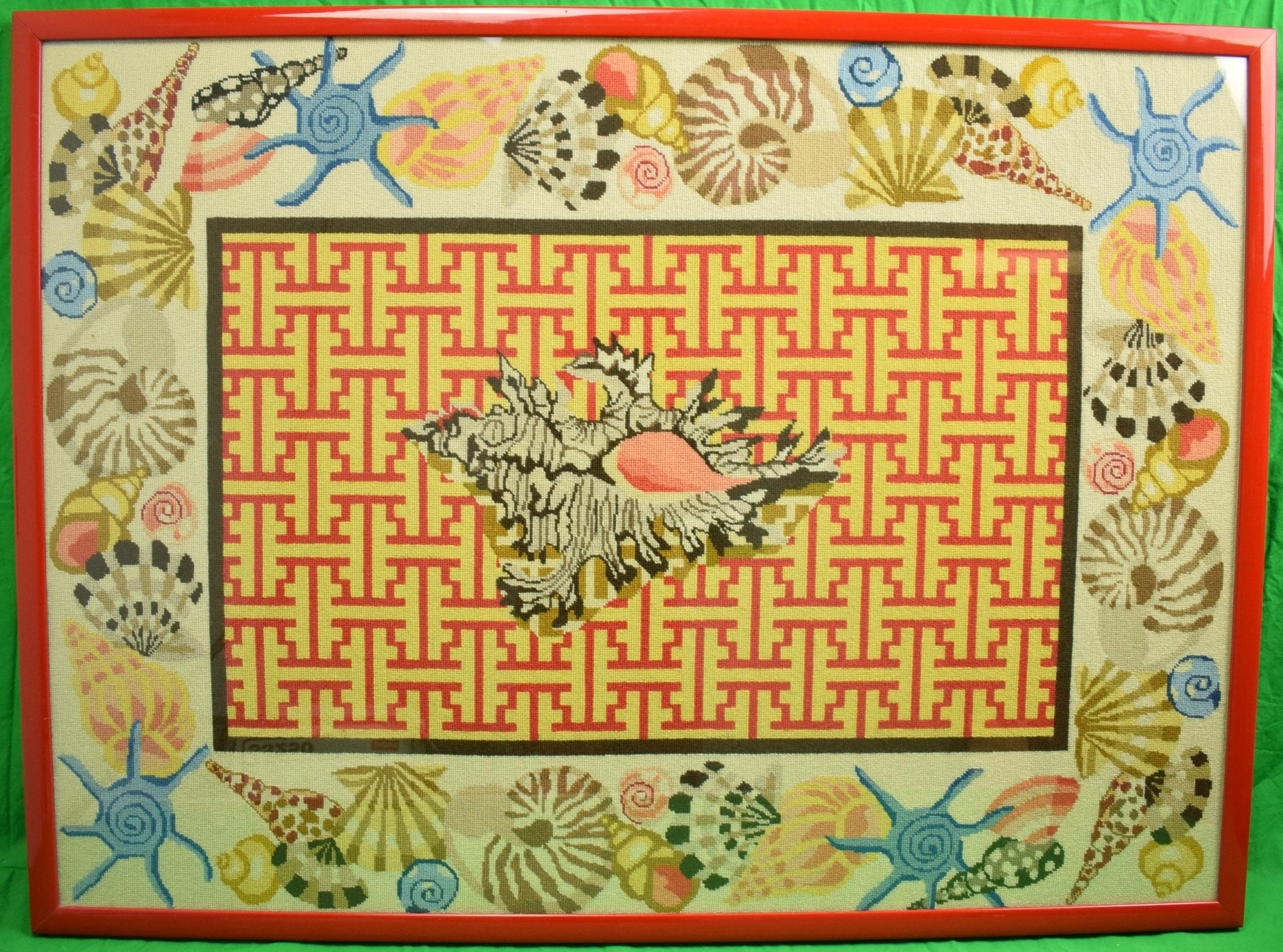 Colourful hand-needlepoint c1960s panel depicting (48) shells surrounding a red & yellow Chinoiserie maze with a 15