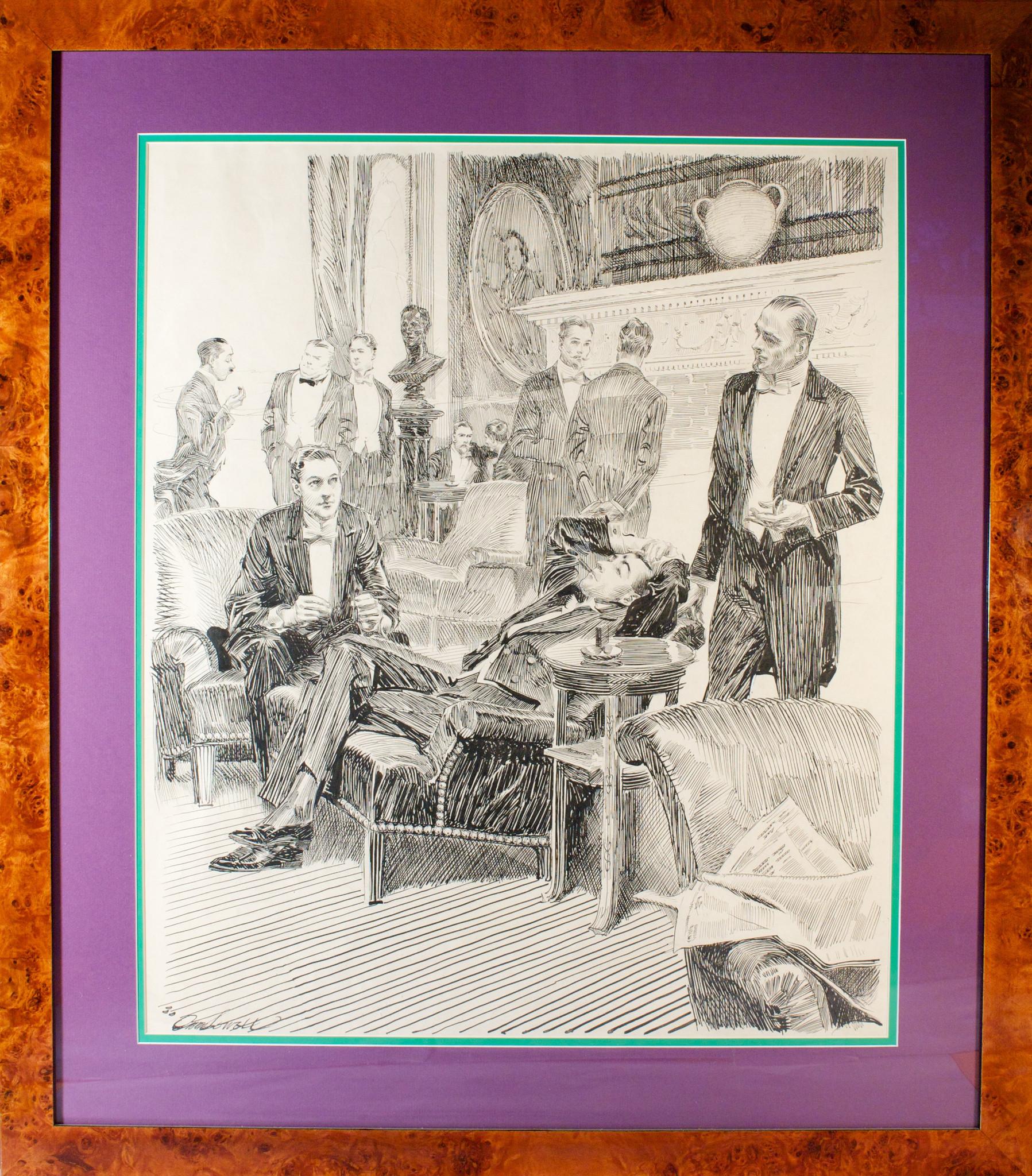 Gentlemen's Players' Club Pen & Ink Drawing by Orson B. Lowell - Art by Orson Byron Lowell