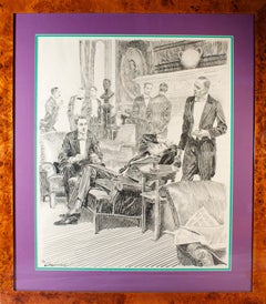 Antique Gentlemen's Players' Club Pen & Ink Drawing by Orson B. Lowell