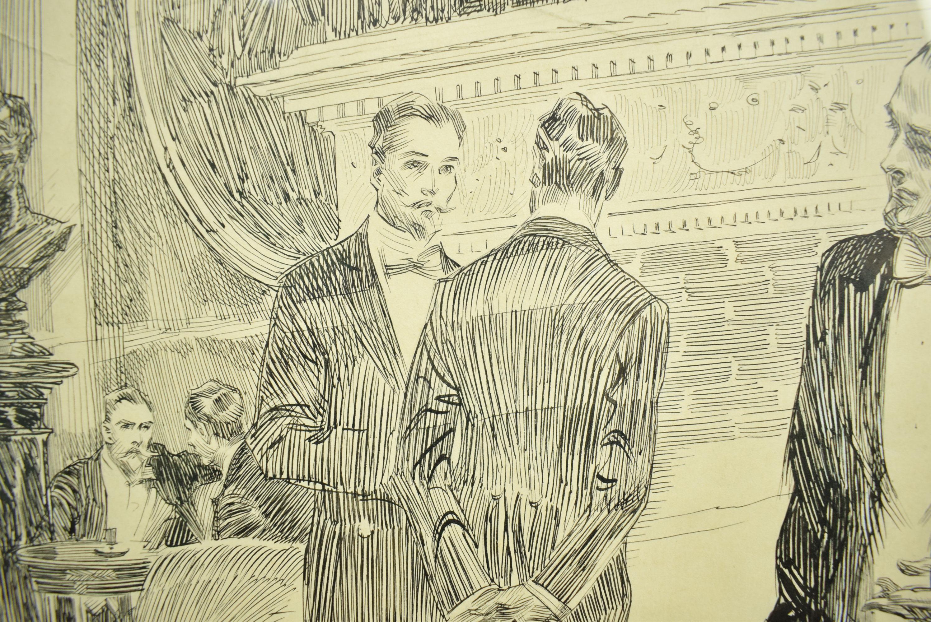 Gentlemen's Players' Club Pen & Ink Drawing by Orson B. Lowell For Sale 2