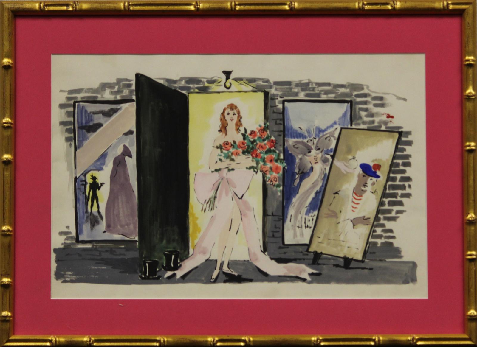 Lanvin Paris Modell mit Rosenstrauß CIRCA 1950er Jahre Aquarell