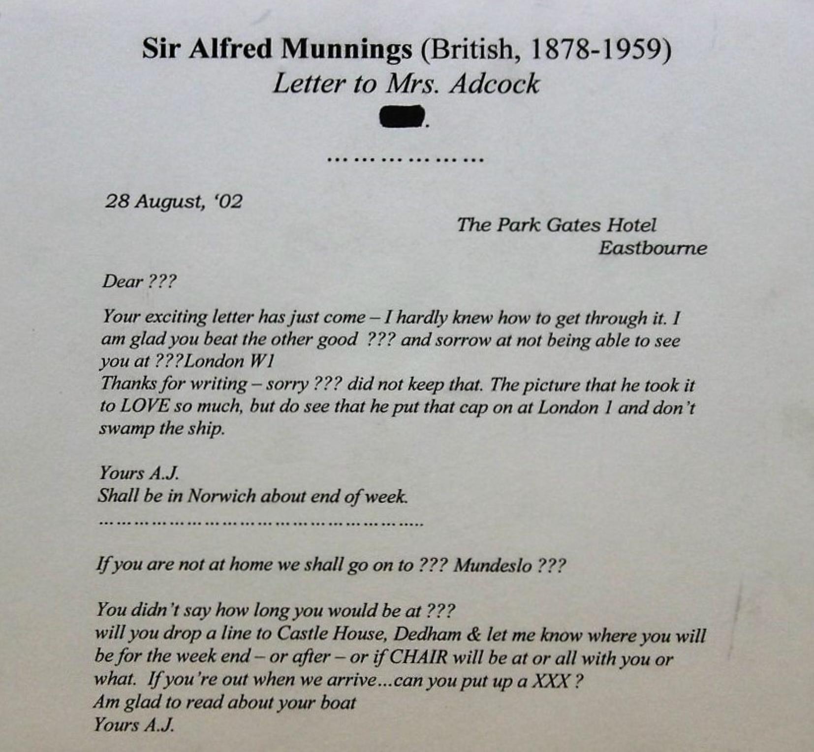 „Letter to Mrs. Adcock“ 1902 Bleistift- und Tuschezeichnung von Sir Alfred Munnings 5