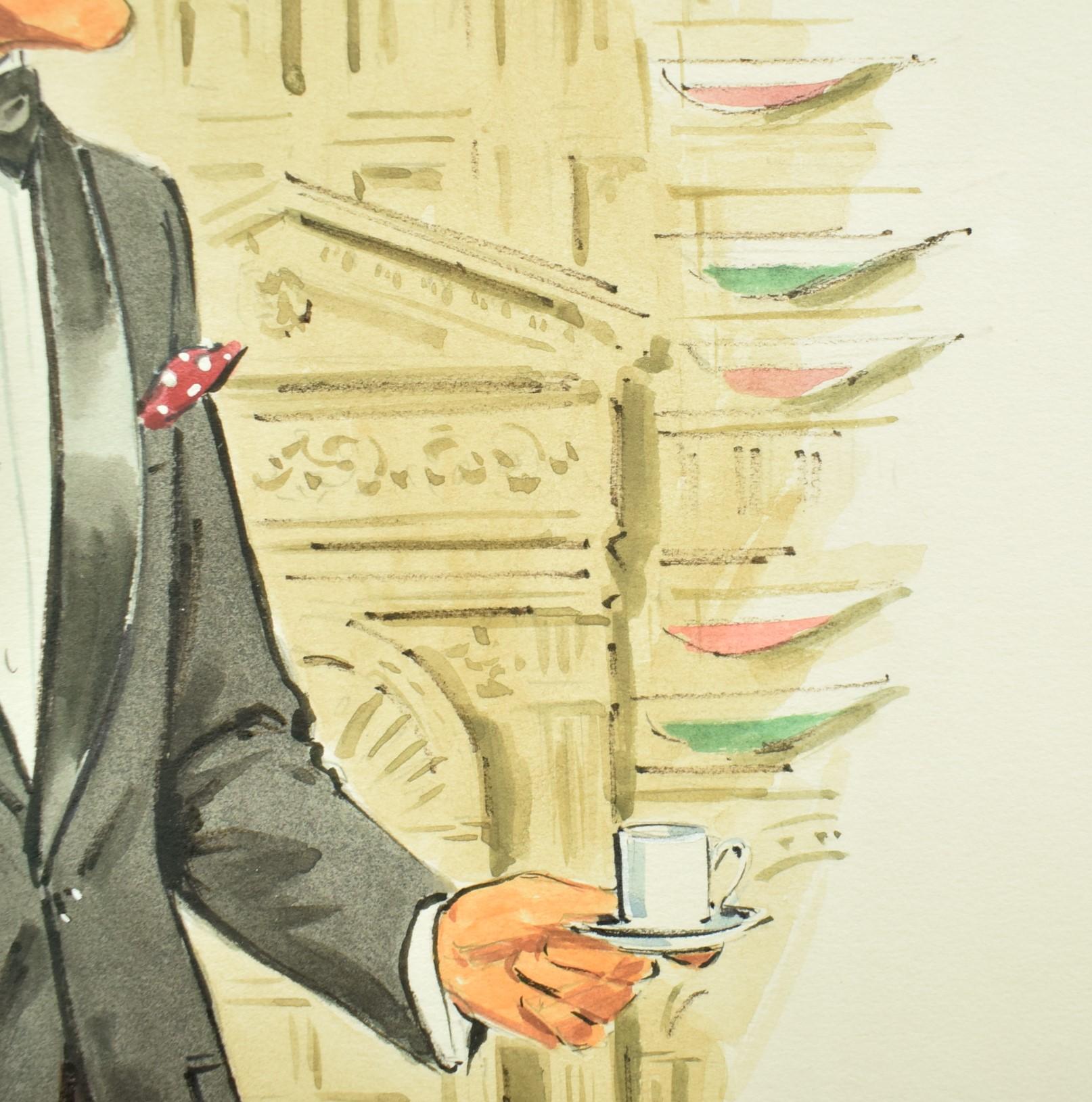 Original watercolour c1970s illustration artwork commissioned by Chipp Clothier featuring a gent modeling tartan trousers/ evening pumps & shawl collar dinner jacket in The New York Yacht Club West 44th St cocktail lounge

Art Sz: 20 1/4