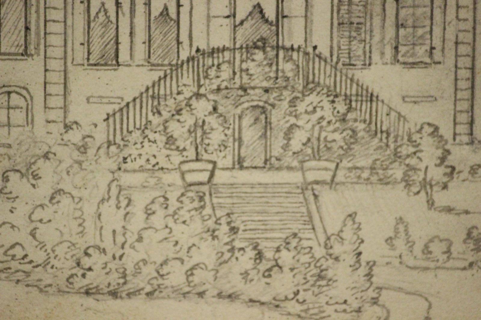 Encantador dibujo a lápiz de 1930 de un castillo francés con elaborados jardines.

Tamaño de la imagen: 5,75