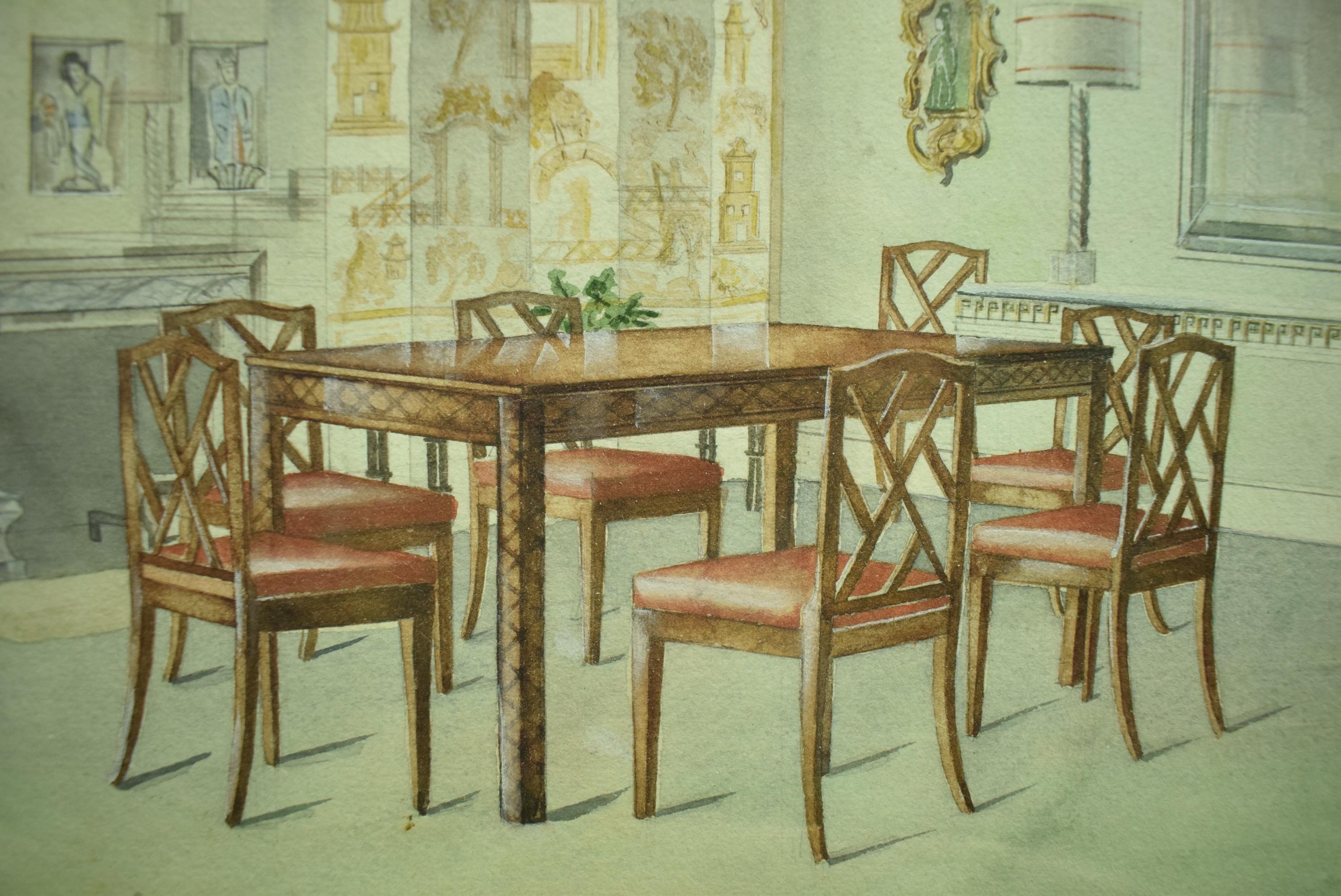 Acquerello originale firmato Thomas (LR) raffigurante un elaborato interno di sala da pranzo ispirato alla cineseria

Dimensioni dell'arte: 10