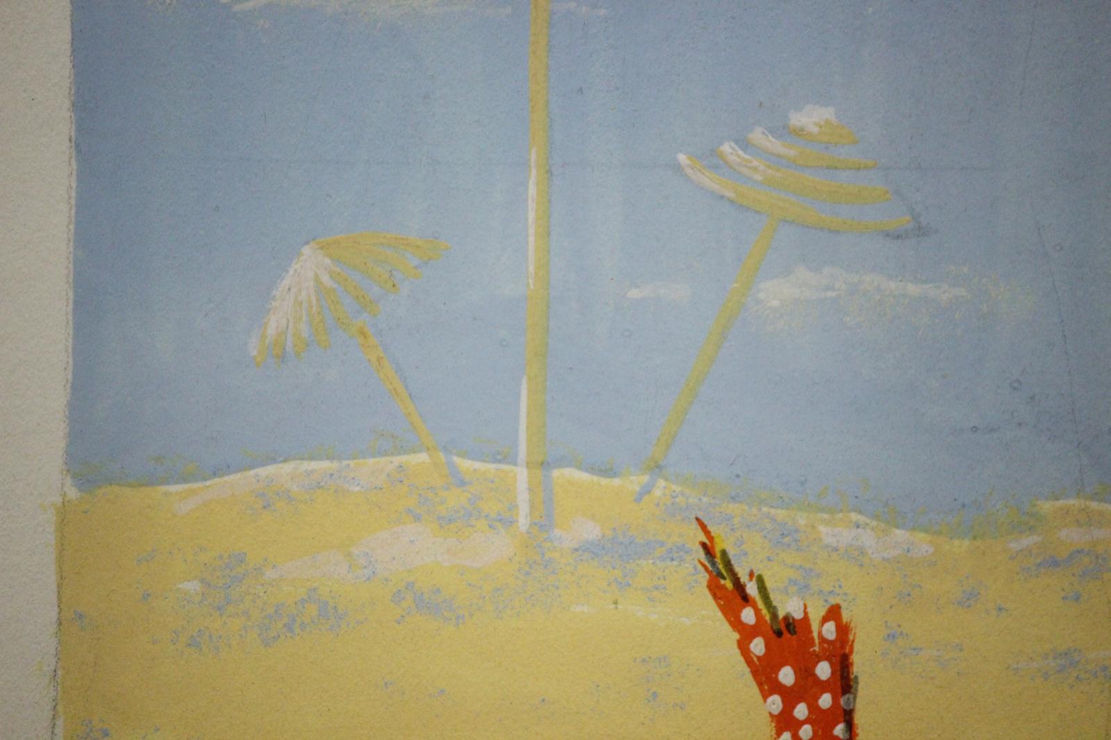 Original advert illustration c1950s Fun 'n Sun artwork for Lanvin of Paris Place Vendome to promote their suntan lotion by Alexander Warren Montel (1921-2002) featuring a bikini-clad girl squeezing the tube

Art Sz: 11 1/2