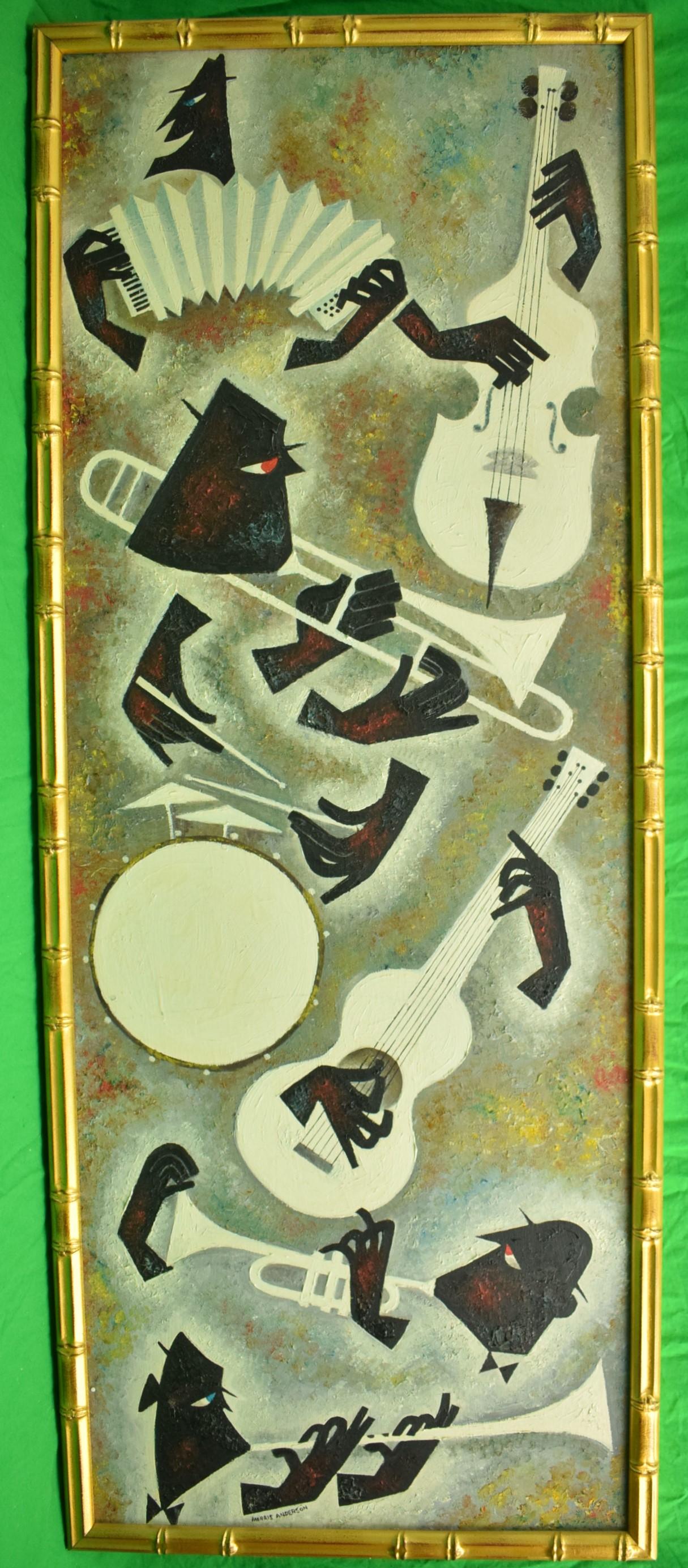 Vignette de jazz à l'acrylique sur carton par Morris Anderson 

années 1950

Art Sz : 47 "H x 18'W

Taille du cadre : 48 3/4 "H x 19 1/2".