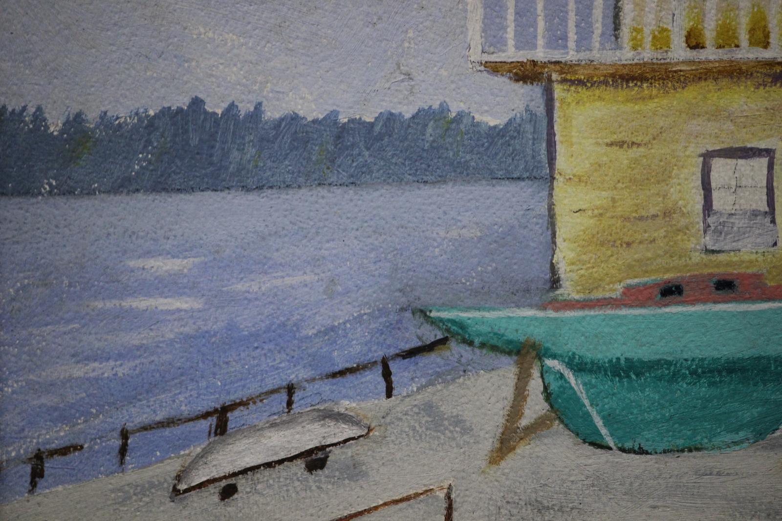 „Yacht Club Boathouse“ von G.V. WATT (Grau), Landscape Painting, von G.V. Watts