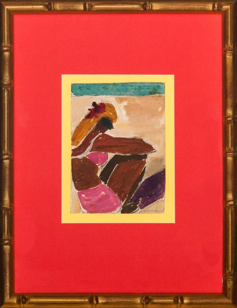 Originalvorlage des peruanischen Modeillustrators Reynaldo Luza für die Zeitschrift Townes & Country, um 1950

Kunst Sz: 6 "H x 4 1/4 "W

Rahmengröße: 14 1/4 "H x 11 "W

mit vergoldetem Bambusrahmen

Reynaldo Luza (1893-1978), ein herausragender
