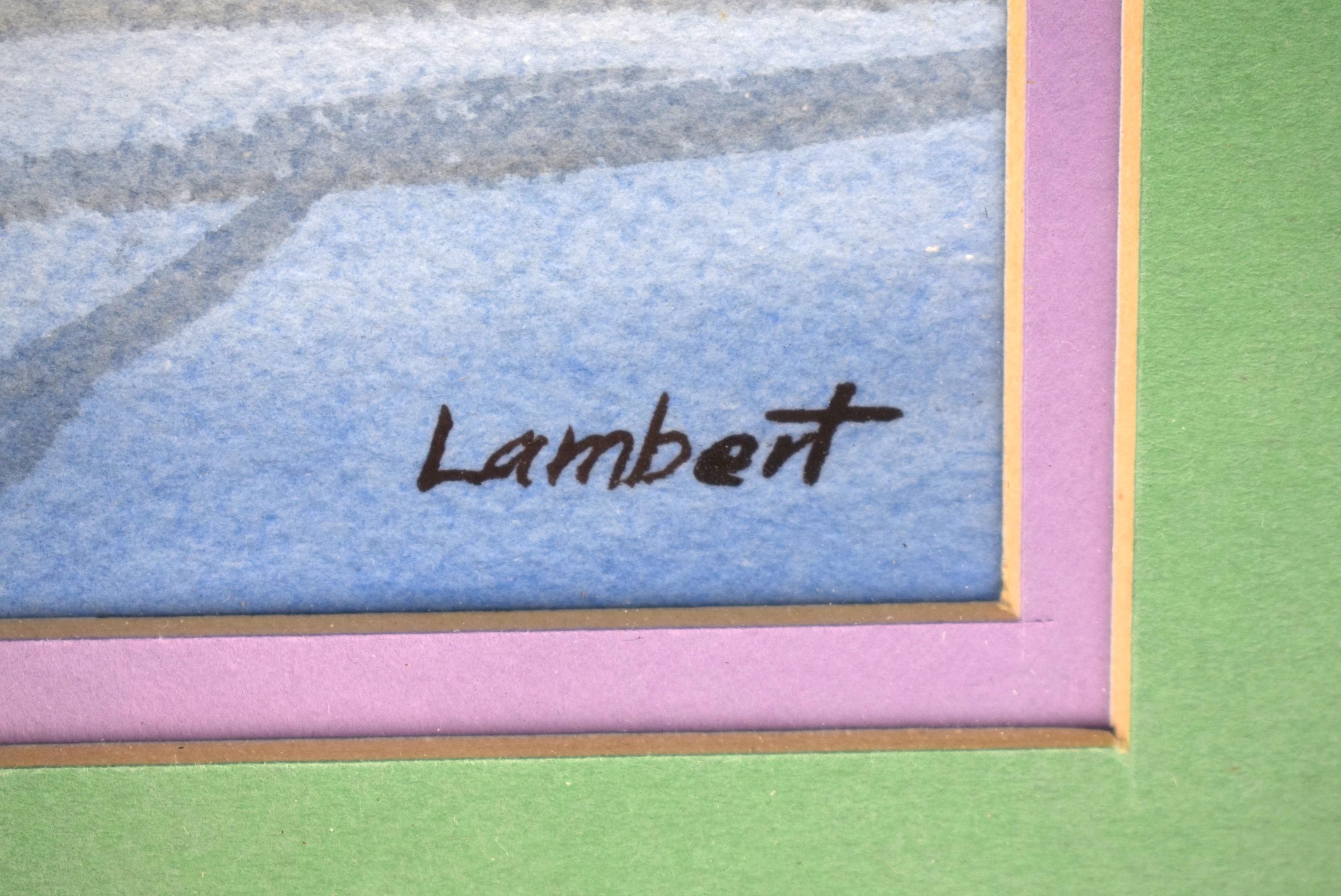 Aquarelle représentant un faisan en vol passant devant une grange en hiver signée, Lambert (LR)

Art Sz : 9 1/2 