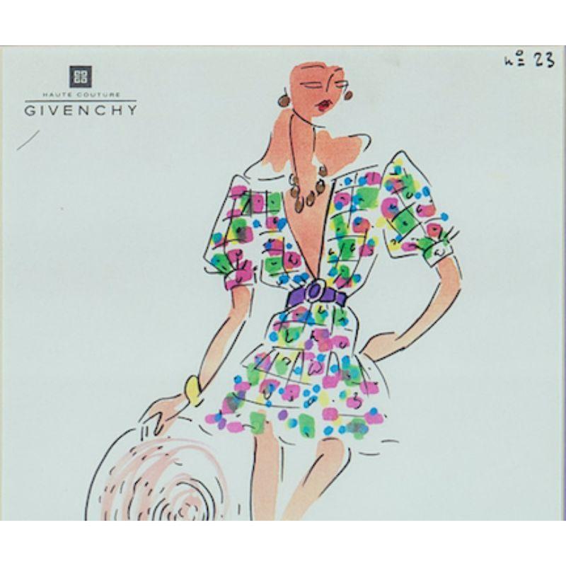 Givenchy Paris (haute couture) hand-coloured fashion plate replete with a floral fabric swatch attached c1980s

Image Sz: 11 3/8