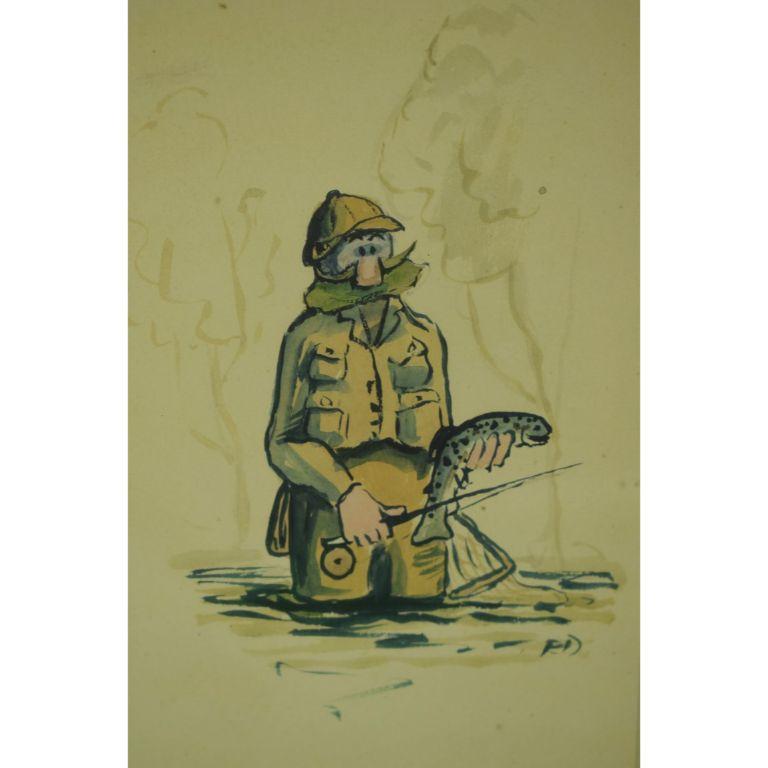 Fly Fisherman With Caught Trout  - Art by Fred Doolittle
