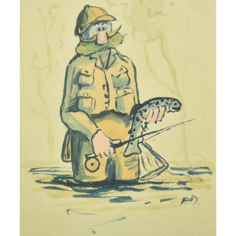 Charmante aquarelle des années 1960 représentant un pêcheur de truites dans un cadre en érable piqué.

Image Sz : 5-5/8 