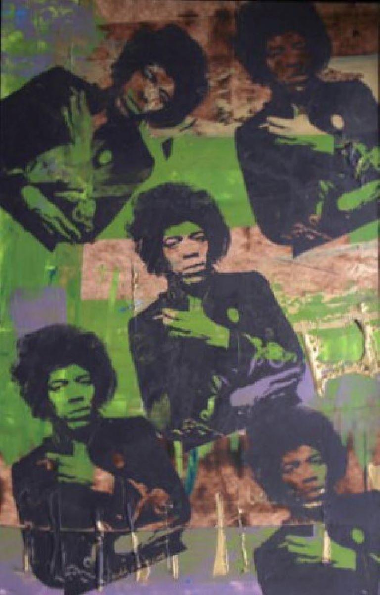 Bobby Hill Portrait Painting - "Jimi Hendrix" Signed Mixed Media, comes with COA, Framed. 