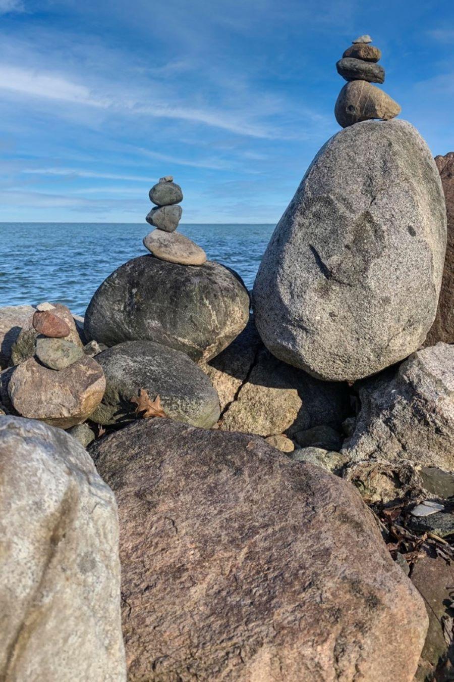 Deborah Benedic Landscape Photograph - Inuksuks-Anchor Bay, Michigan (with Clouds). Photograph. 