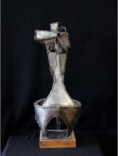 "Untitled (Abstract)" Signed, Stainless Steel Sculpture with Wooden Base