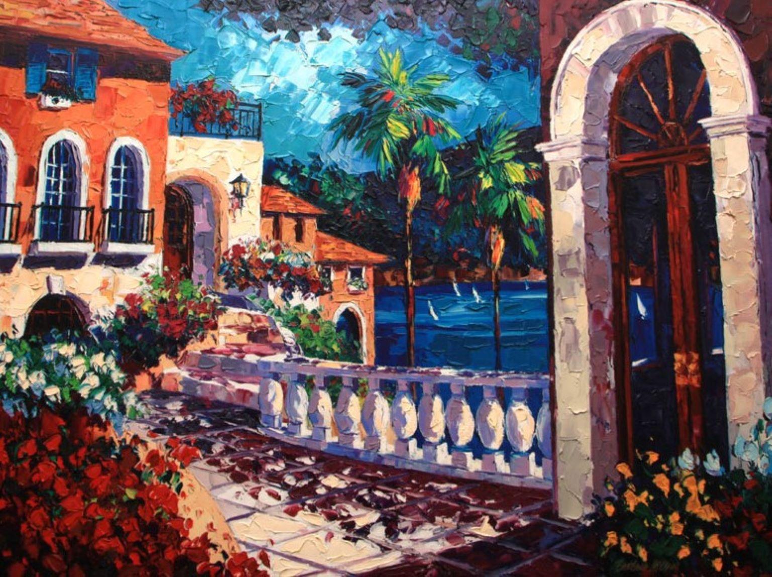 Barbara McCann Landscape Painting - "French Riviera" Limited Edition Embellished Giclee on Canvas, comes with COA