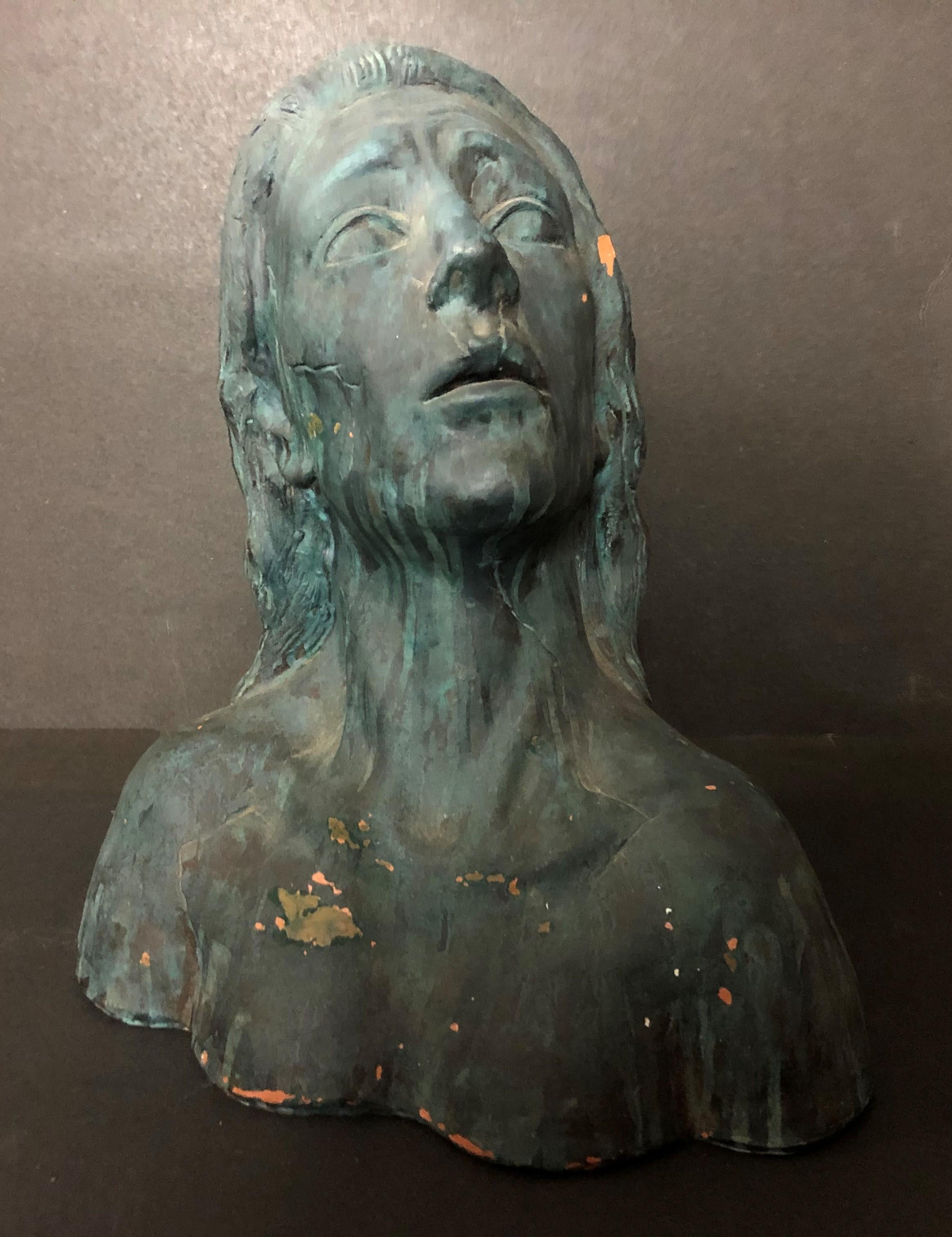 W. Yerke Nude Sculpture - "Woman" Terracotta Bust with Green Finish