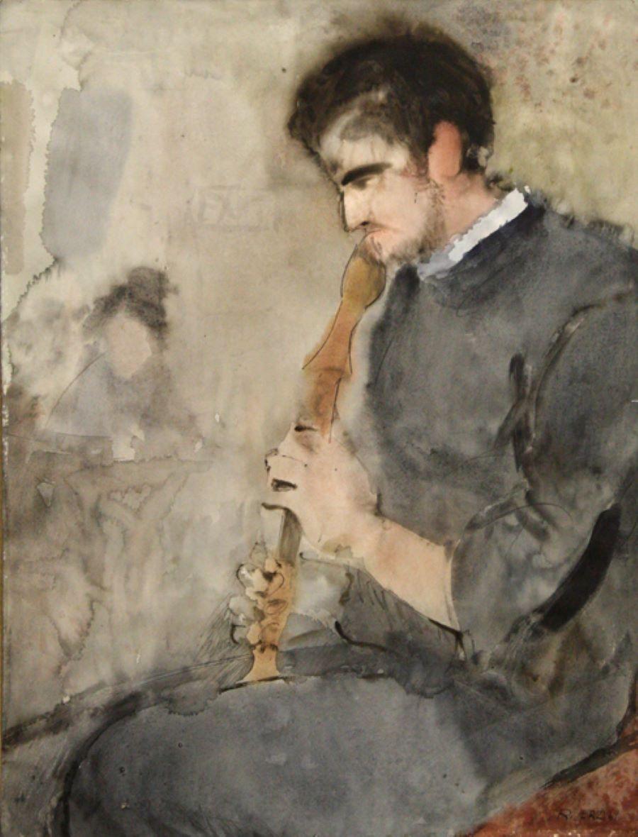 Richard Jerzy Portrait - "Man Playing a Clarinet" Watercolor on Paper, Signed and Dated