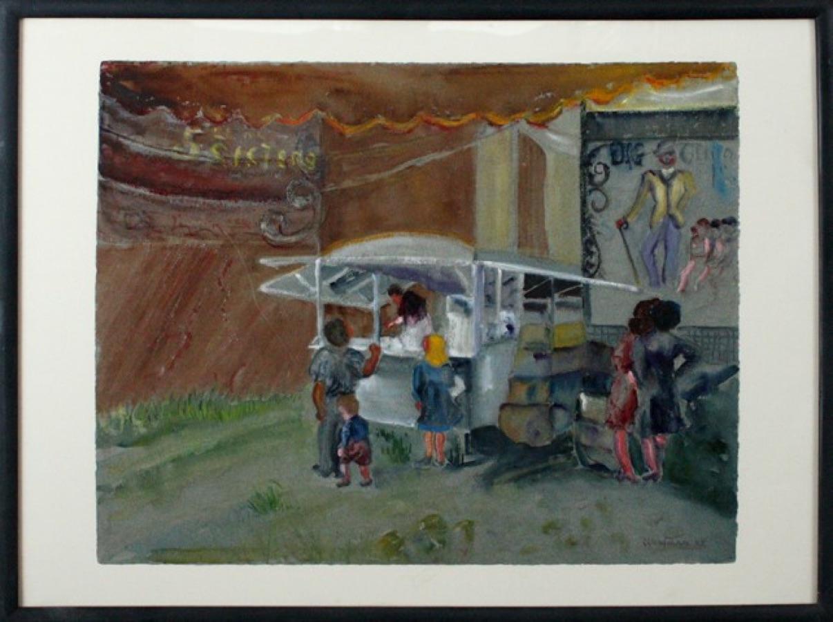 Irene Hodes Newman Figurative Art - At the Big Top-Framed Original Watercolor on Paper, Signed by Artist