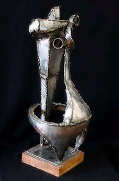 "Untitled (Abstract)" Signed, Stainless Steel Sculpture with Wooden Base