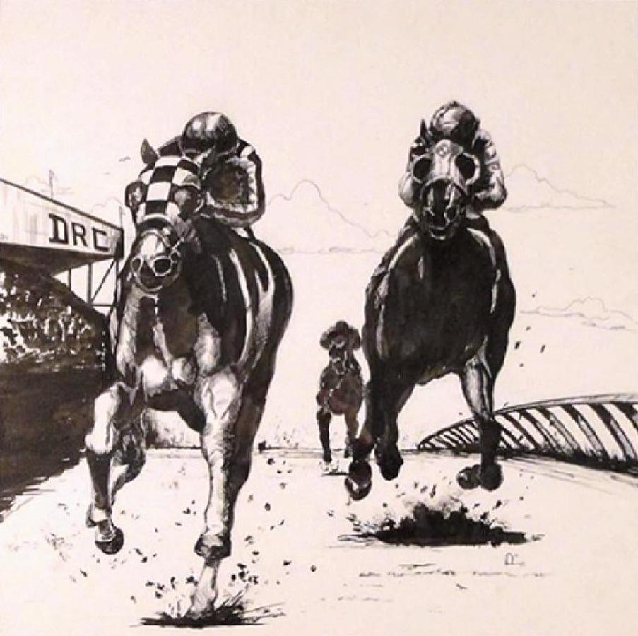 Detroit Race Course (DRC)-Tinte auf Papier, signiert vom Künstler (Schwarz), Animal Art, von D.C.