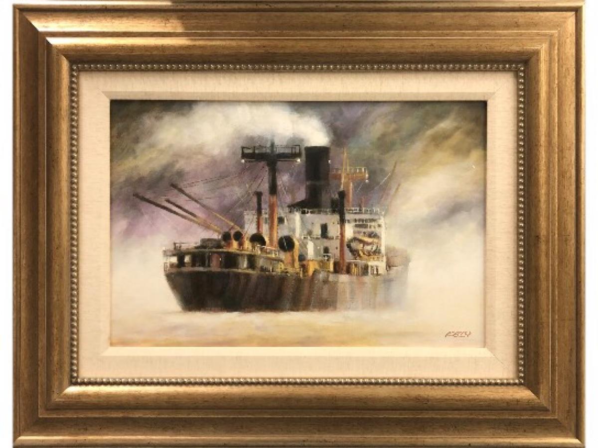 John Kelly Still-Life Painting - Tramp Steamer-Framed Original Oil on Canvas, Signed by Artist