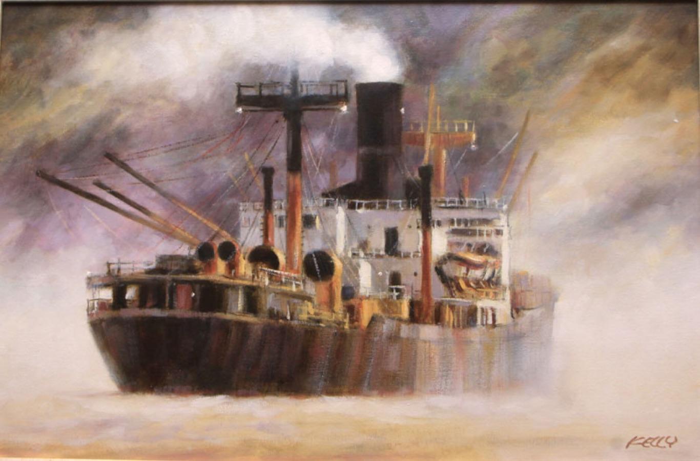 Tramp Steamer-Framed Original Oil on Canvas, Signed by Artist - Painting by John Kelly