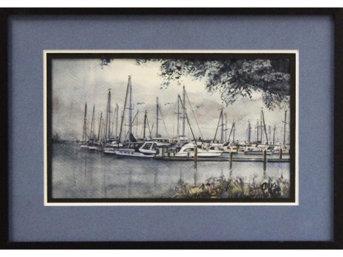 Aris Nichols Landscape Art - St. Petersburg Harbor-Framed Original Watercolor on Paper, Signed by Artist
