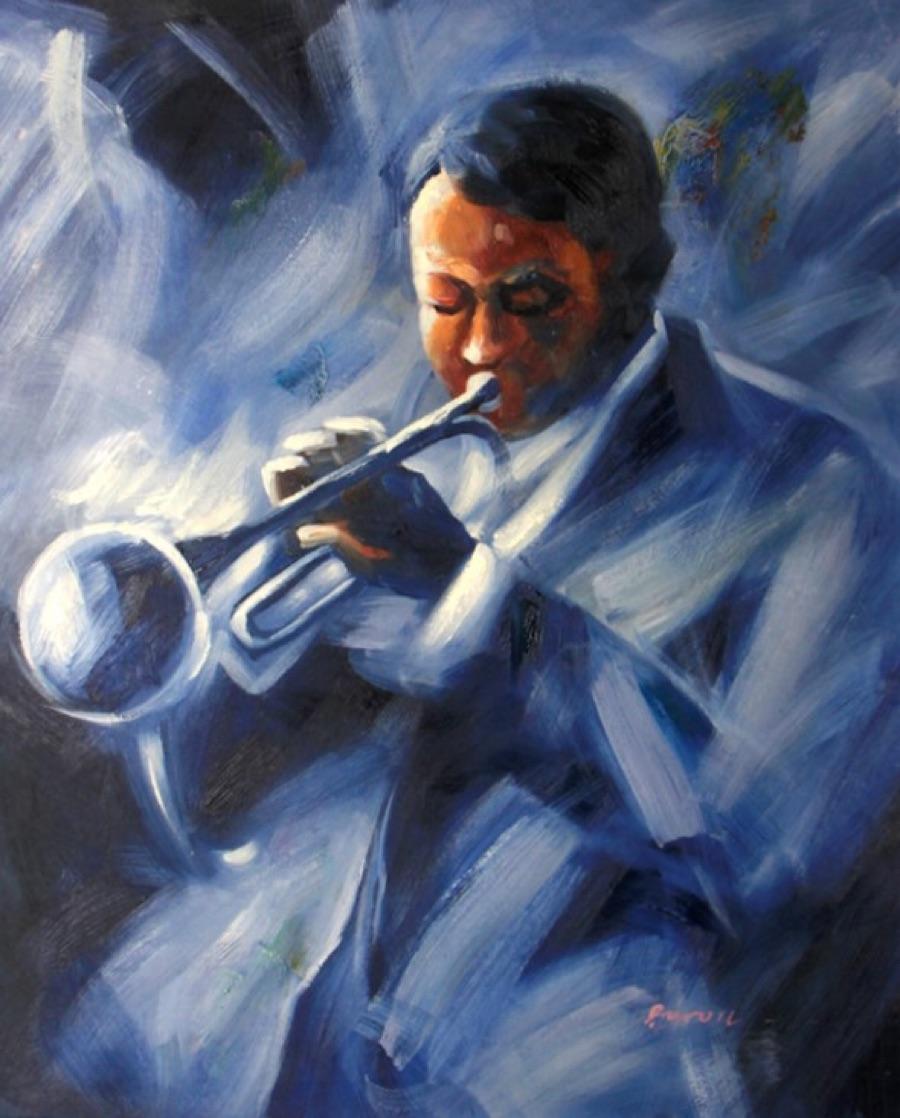 Portrait Painting Buruic - Trumpet - Huile originale sur toile non tendue, signée par l'artiste