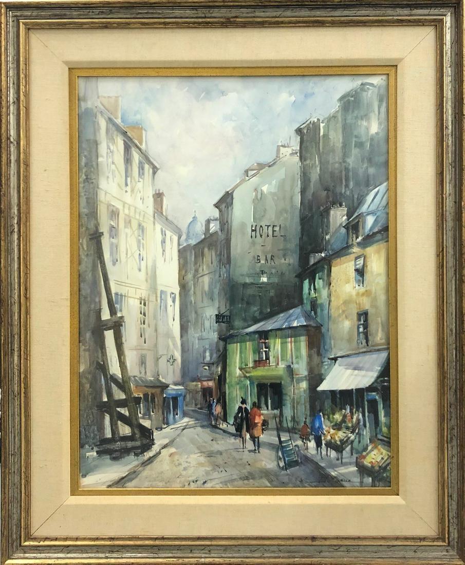 Lucien Delarue Landscape Art - N'e a' Paris-Framed Watercolor. Signed by Artist