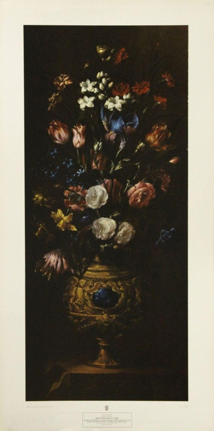 Juan de Arellano Still-Life Print - Roses with Blue Iris-Poster. New York Graphic Society, Ltd. Printed in Holland