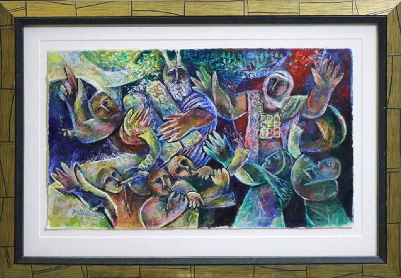 The Redeemer - encadré, pastel original sur papier. Signé par l'artiste avec le COA - Noir Portrait par Dubi Arie