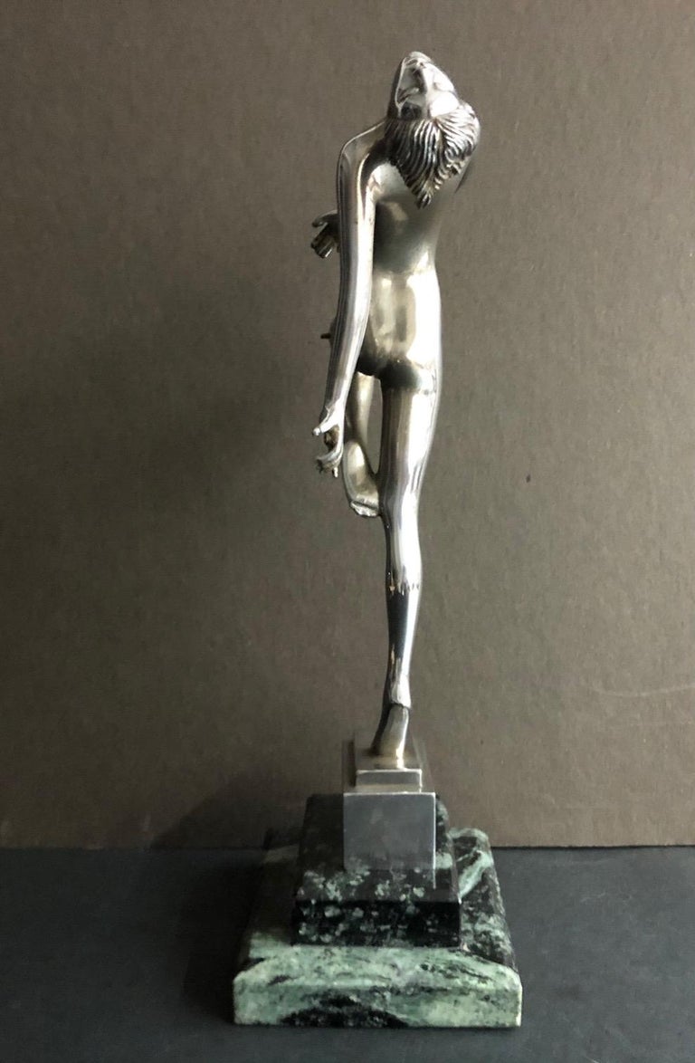 (Title Unknown) Silver Dancing Female Nude on a Green and Black Marble Base 1