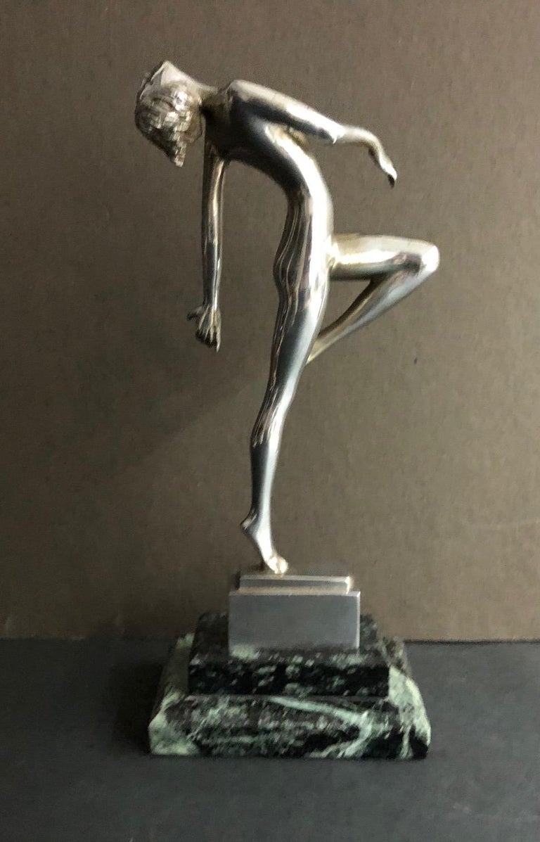 (Title Unknown) Silver Dancing Female Nude on a Green and Black Marble Base 2
