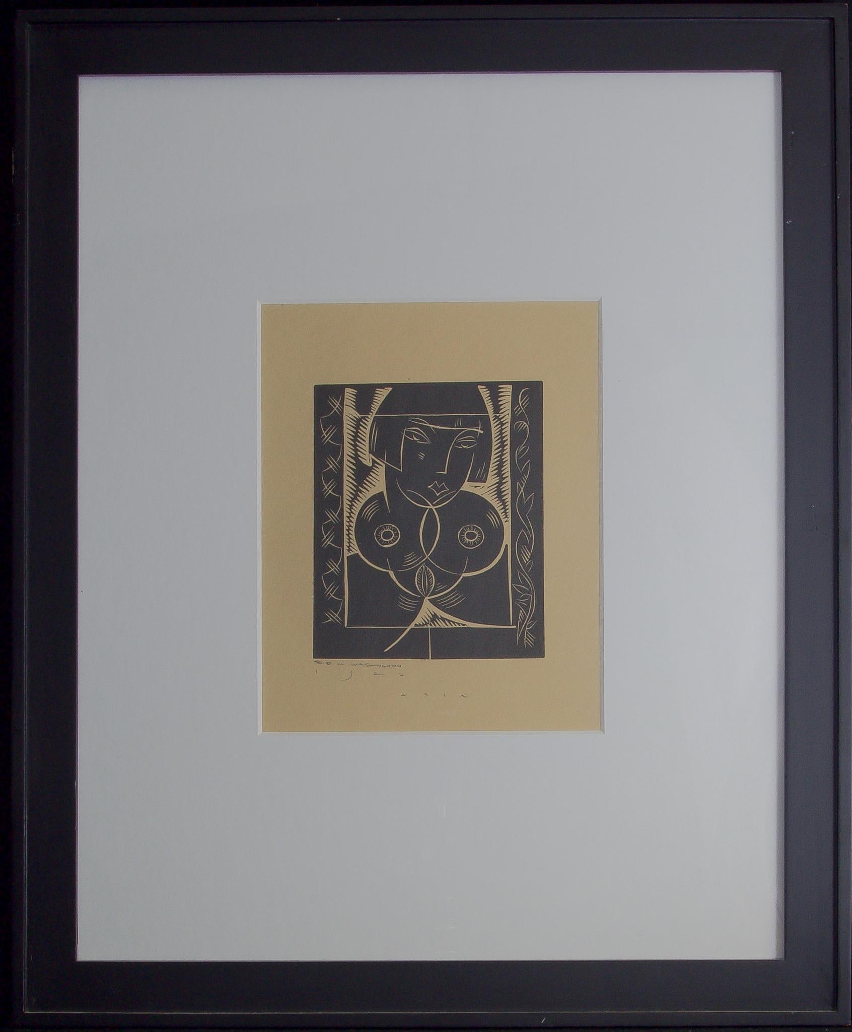Earl M. Washington  Portrait Print - Asia-Framed Woodblock Print. Signed and Dated by the Artist