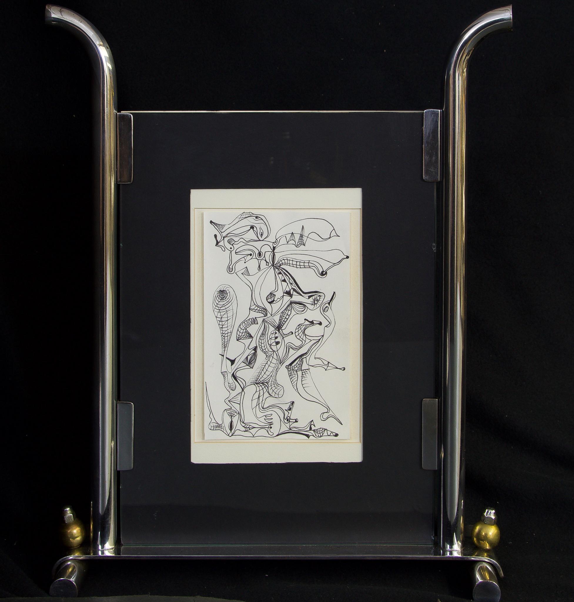 Karl Schneider Abstract Drawing - Tow the Line-India Ink Drawing on Paper in Standing Silver and Glass Case
