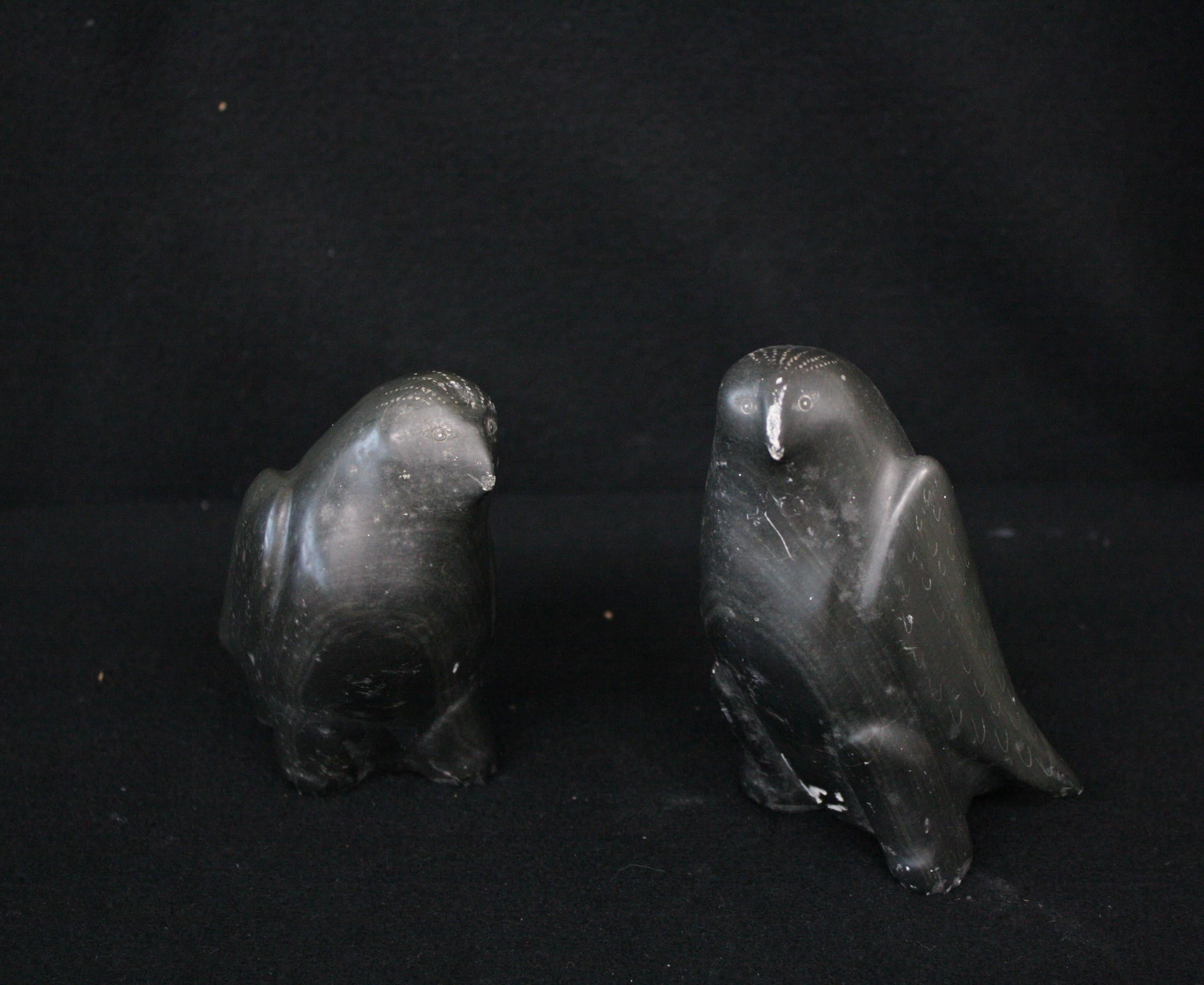 Inuit Soapstone Carvings-Owls (Set of Two) - Sculpture by Unknown