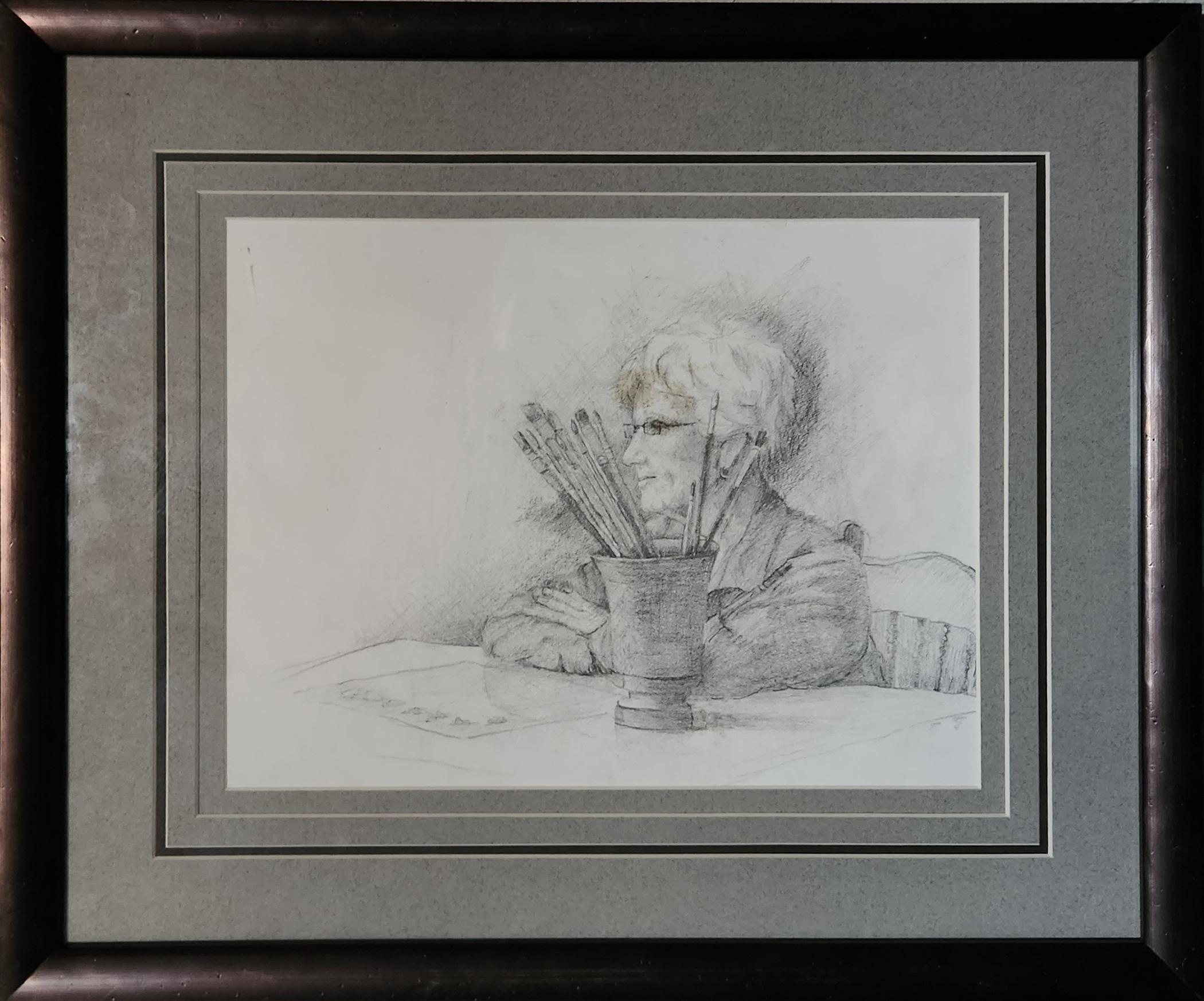 Lu Haskew Still-Life - Self With Brushes, 9x11" pencil